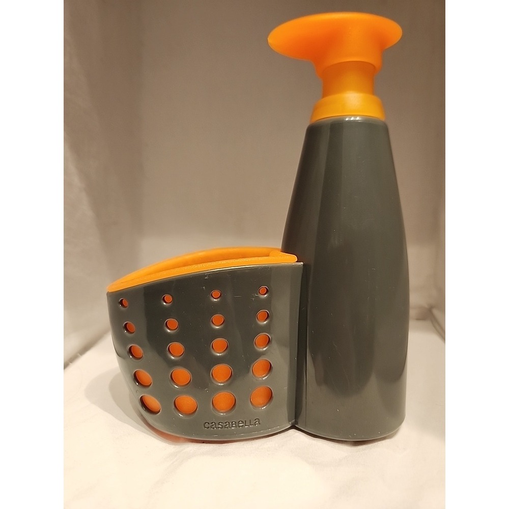 Casabella Sink Sider Solo Soap Dispenser and Sponge Holder Grey Orange 8.5 Inch